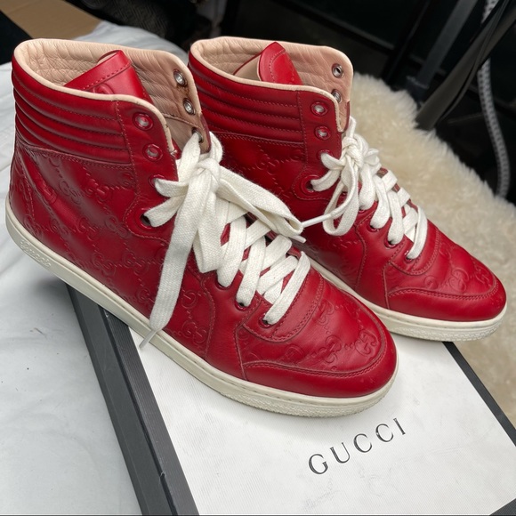 Gucci Red Hibiscus Signature High-top Sneaker Flats sz 8 - Picture 9 of 10